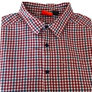 Merrell Mens XL Short Sleeve Button Down Shirt Red Navy Blue Gingham Check XL/TG